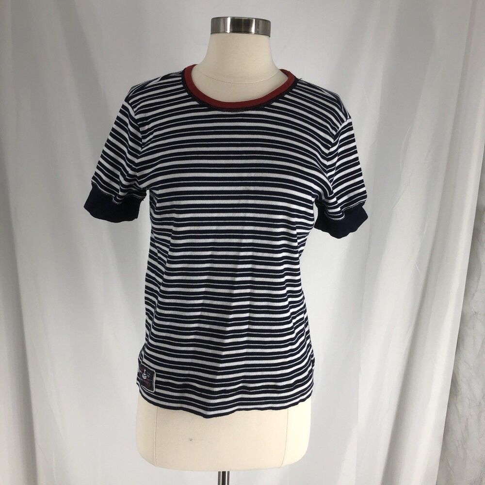 Lauren Ralph Lauren Jeans Co Womens Navy White Striped Ribbed Knit T-Shirt L
